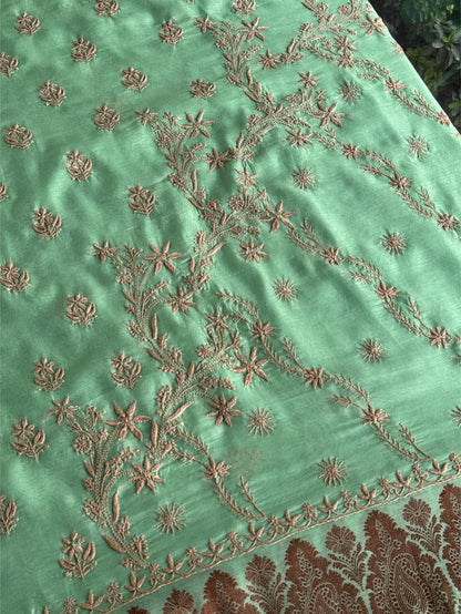 Sea Green Chanderi Saree with Chikankari Embroidery & Banarasi Zari Border
