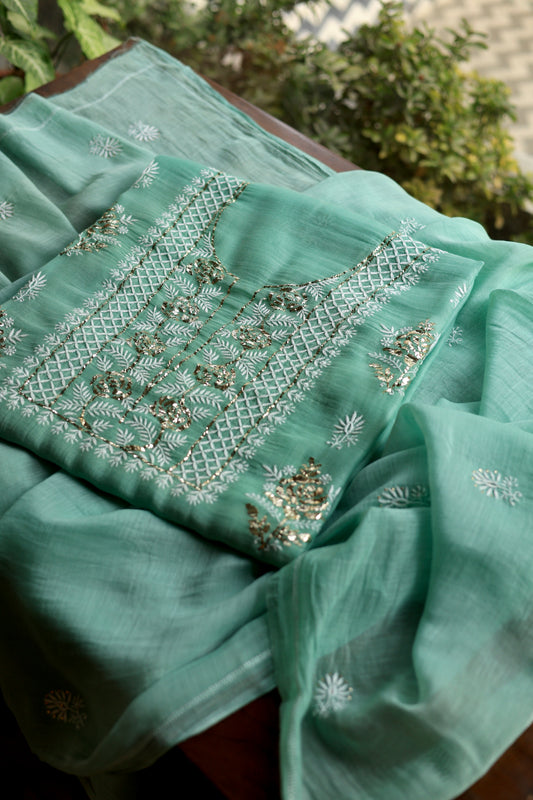 Sea Green Chanderi Silk Mukaish Badla Unstitched Fabric
