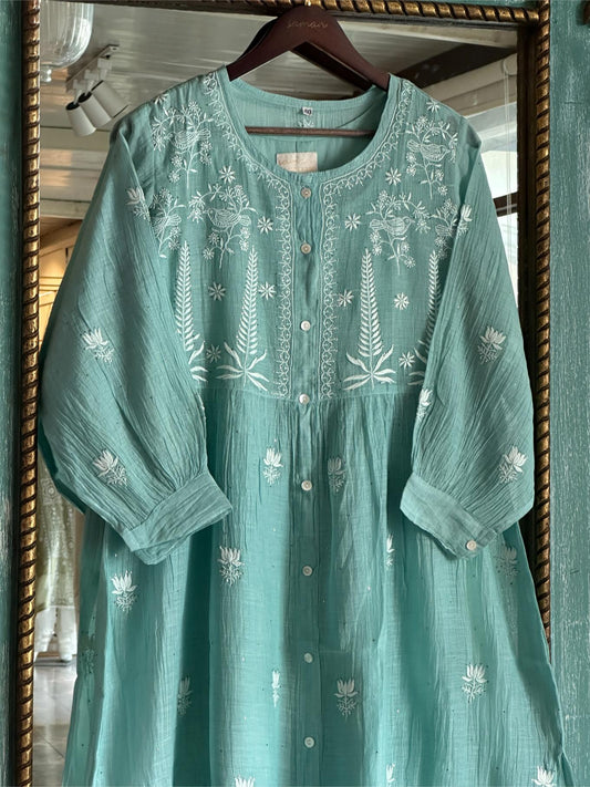 Sea Green Chikankari Embroidered Kurta with Front Buttons & Tassel Detail