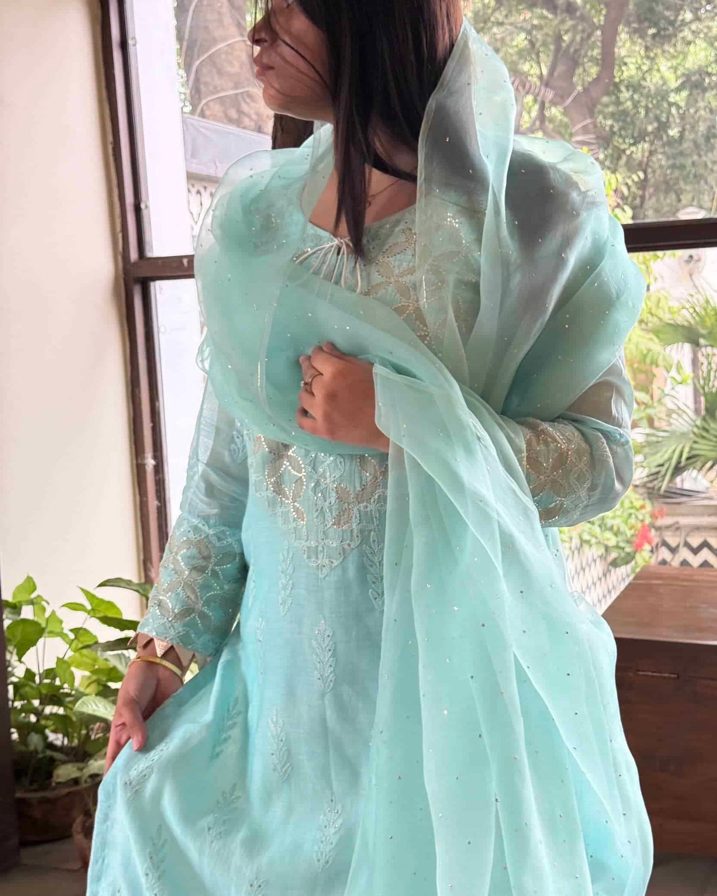 Sea Green Daraz Applique Chikankari Mukaish Kurta Dupatta Set