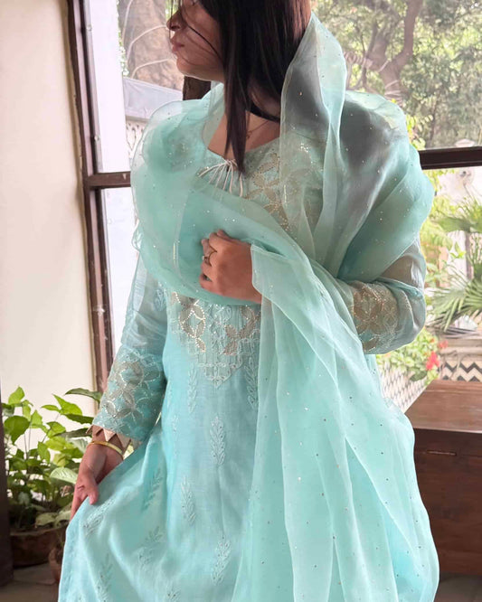 Sea Green Daraz Applique Chikankari Mukaish Kurta Dupatta Set