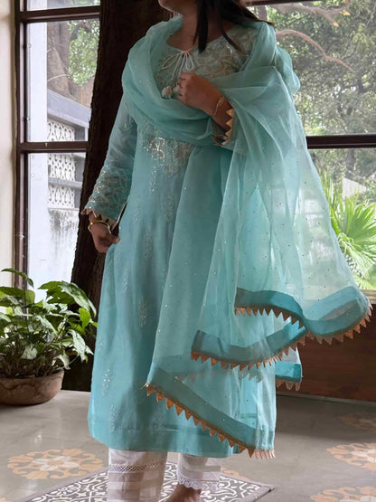 Sea Green Daraz Applique Chikankari Mukaish Kurta Dupatta Set