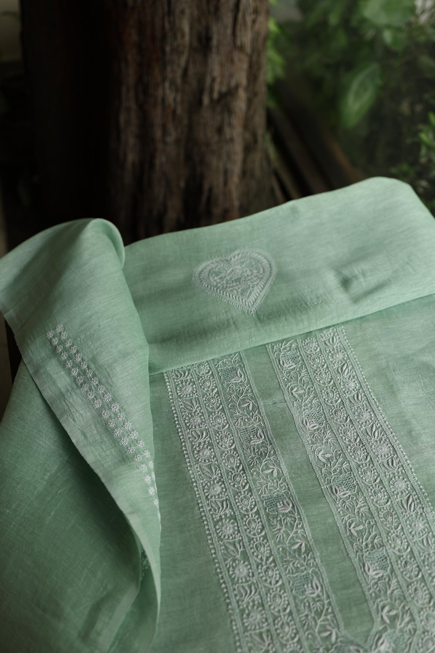 Sea Green Linen Chikankari Unstitched Men's Kurta Fabric