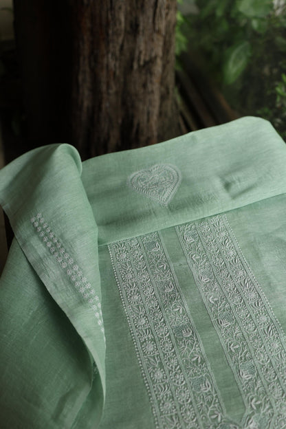 Sea Green Linen Chikankari Unstitched Men's Kurta Fabric
