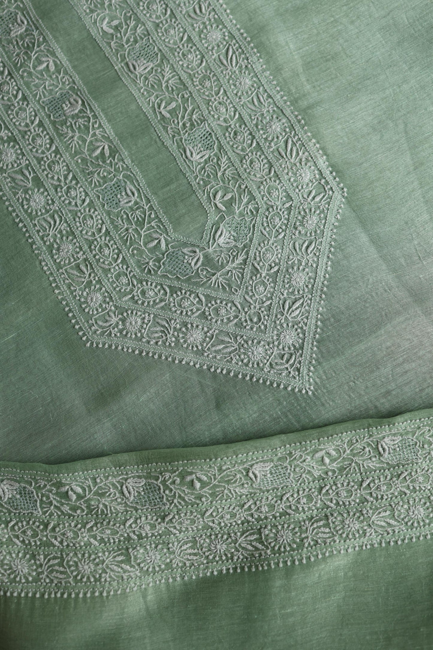 Sea Green Linen Chikankari Unstitched Men's Kurta Fabric