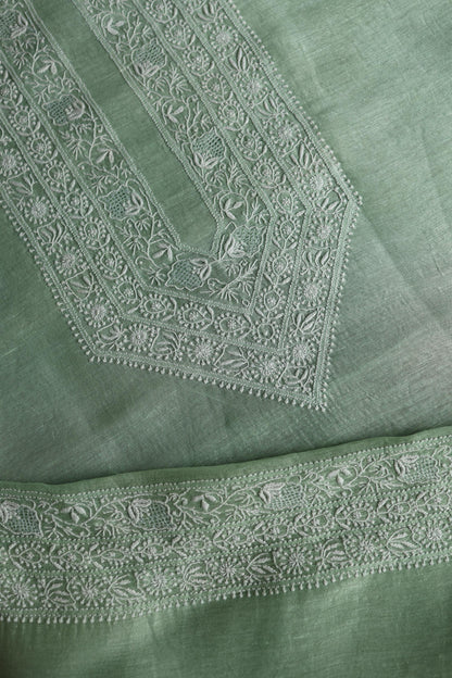 Sea Green Linen Chikankari Unstitched Men's Kurta Fabric