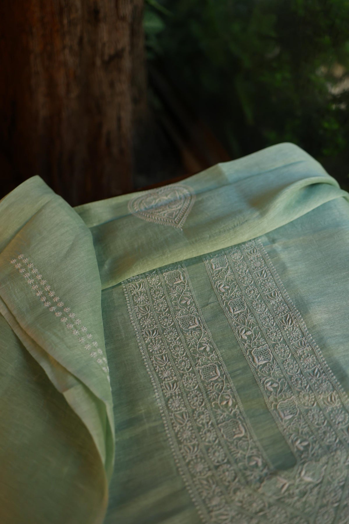 Sea Green Linen Chikankari Unstitched Men's Kurta Fabric