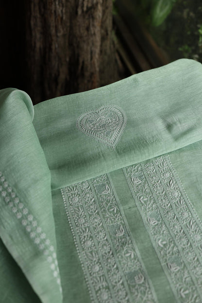 Sea Green Linen Chikankari Unstitched Men's Kurta Fabric