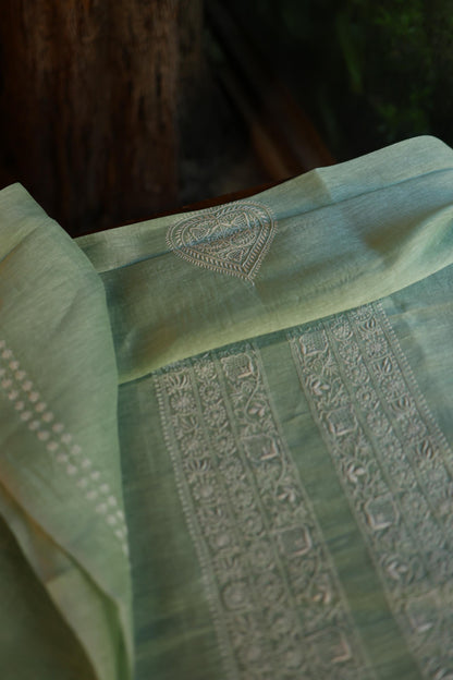 Sea Green Linen Chikankari Unstitched Men's Kurta Fabric