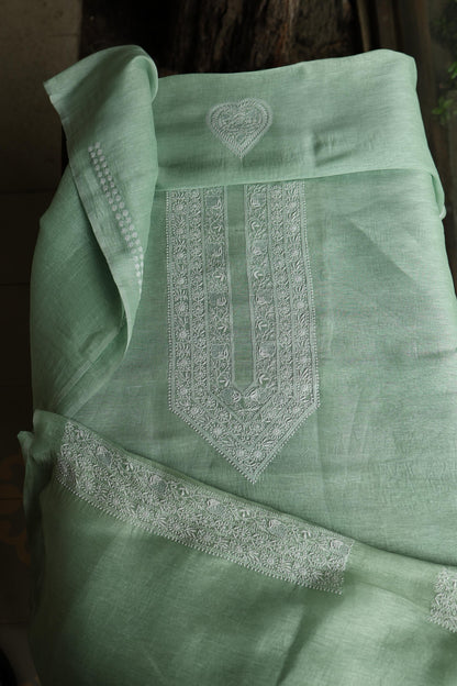 Sea Green Linen Chikankari Unstitched Men's Kurta Fabric