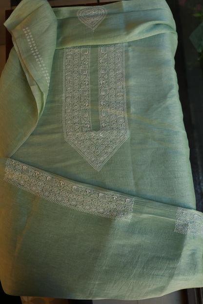 Sea Green Linen Chikankari Unstitched Men's Kurta Fabric