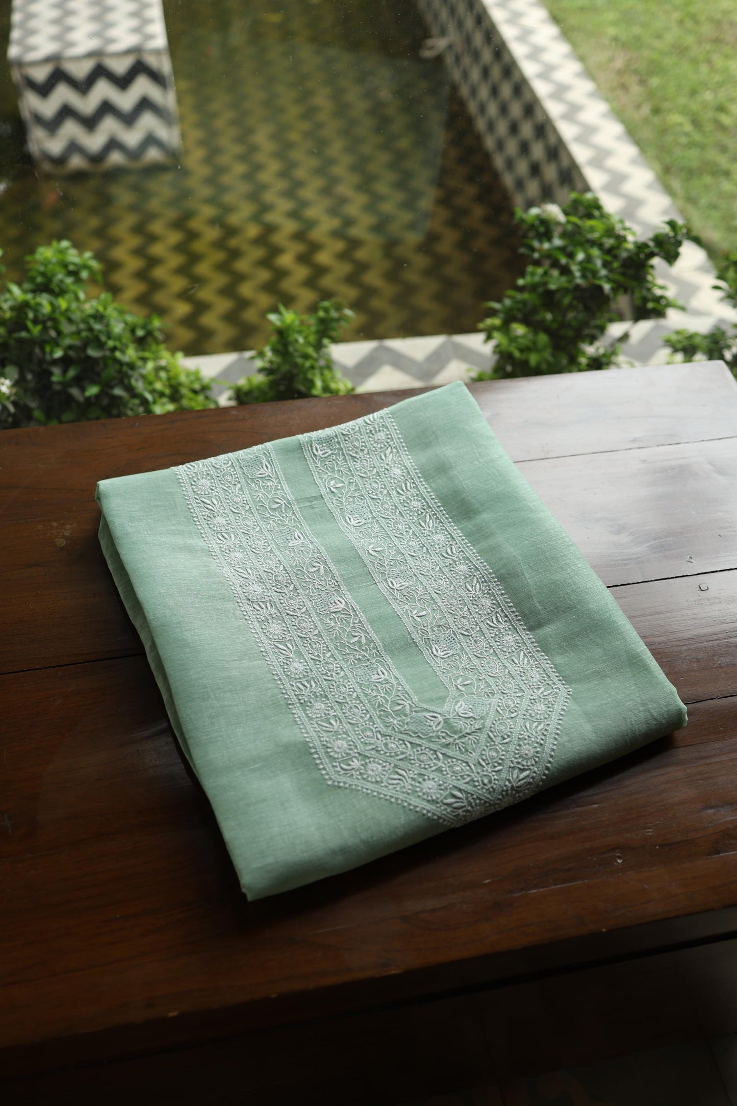 Sea Green Linen Chikankari Unstitched Men's Kurta Fabric