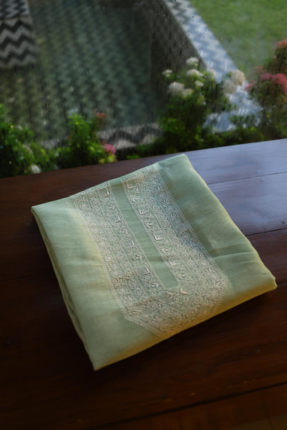 Sea Green Linen Chikankari Unstitched Men's Kurta Fabric