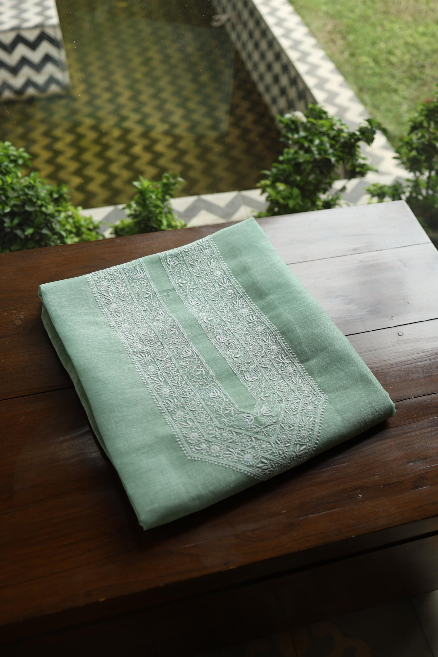 Sea Green Linen Chikankari Unstitched Men's Kurta Fabric
