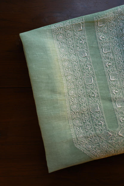 Sea Green Linen Chikankari Unstitched Men's Kurta Fabric