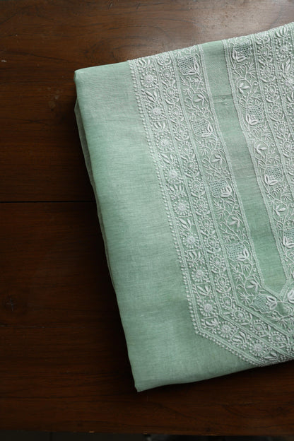 Sea Green Linen Chikankari Unstitched Men's Kurta Fabric