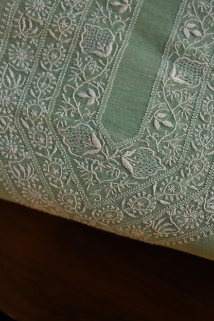 Sea Green Linen Chikankari Unstitched Men's Kurta Fabric