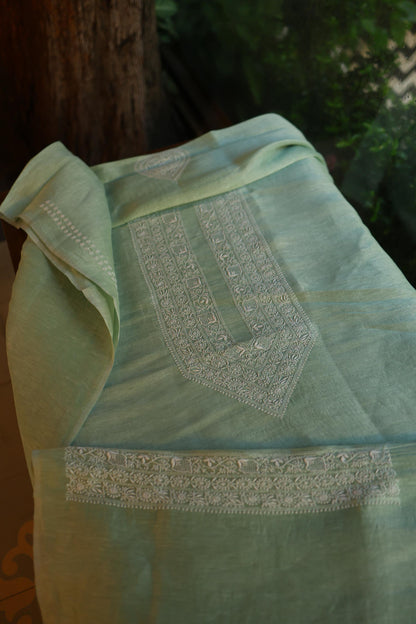 Sea Green Linen Chikankari Unstitched Men's Kurta Fabric
