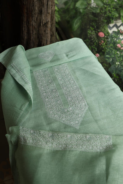 Sea Green Linen Chikankari Unstitched Men's Kurta Fabric