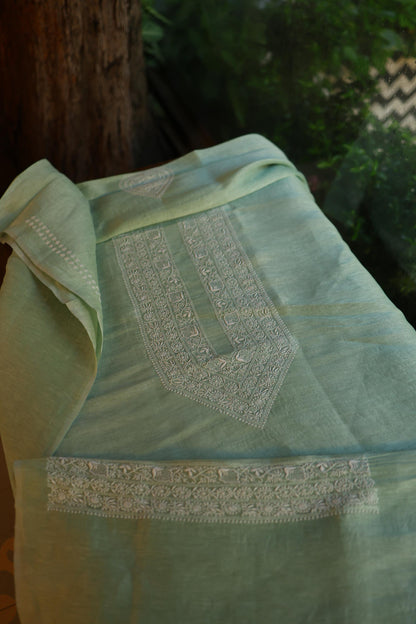 Sea Green Linen Chikankari Unstitched Men's Kurta Fabric