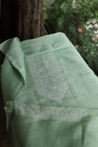 Sea Green Linen Chikankari Unstitched Men's Kurta Fabric