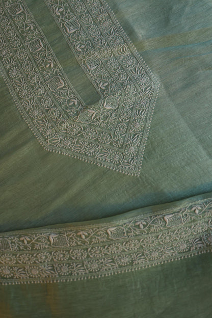 Sea Green Linen Chikankari Unstitched Men's Kurta Fabric