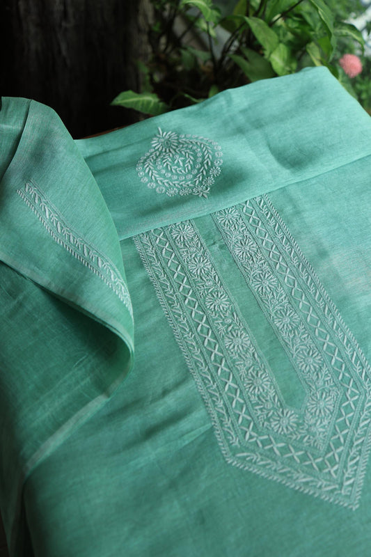 Sea Green Linen Chikankari Unstitched Men's Kurtas Fabric