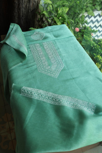 Sea Green Linen Chikankari Unstitched Men's Kurtas Fabric