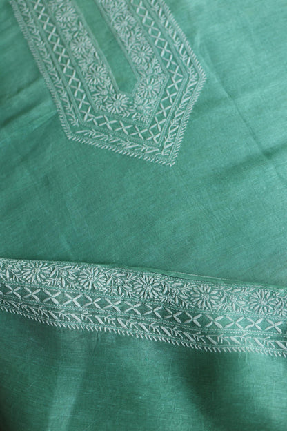 Sea Green Linen Chikankari Unstitched Men's Kurtas Fabric