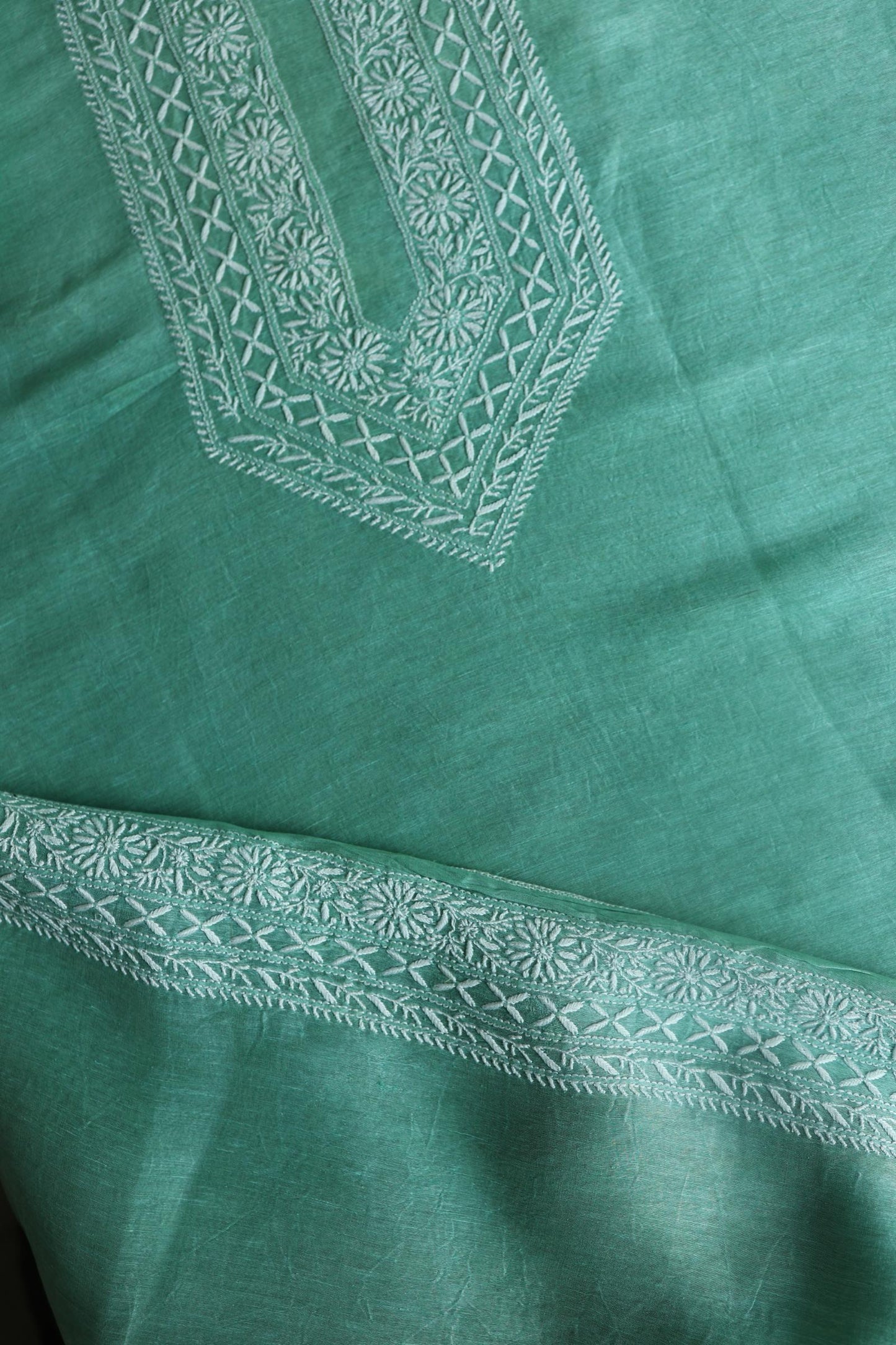 Sea Green Linen Chikankari Unstitched Men's Kurtas Fabric