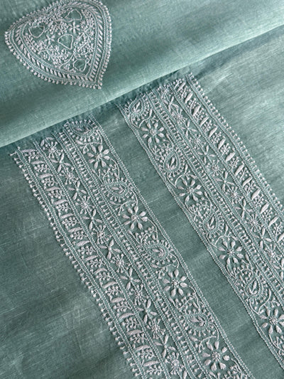 Sea Green Linen Chikankari Unstitched Men's Kurtas Fabric
