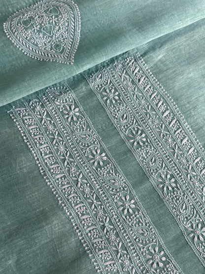 Sea Green Linen Chikankari Unstitched Men's Kurtas Fabric