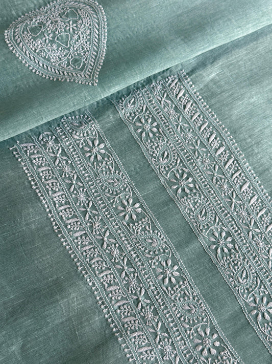 Sea Green Linen Chikankari Unstitched Men's Kurtas Fabric