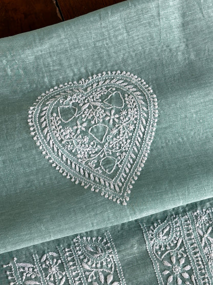 Sea Green Linen Chikankari Unstitched Men's Kurtas Fabric