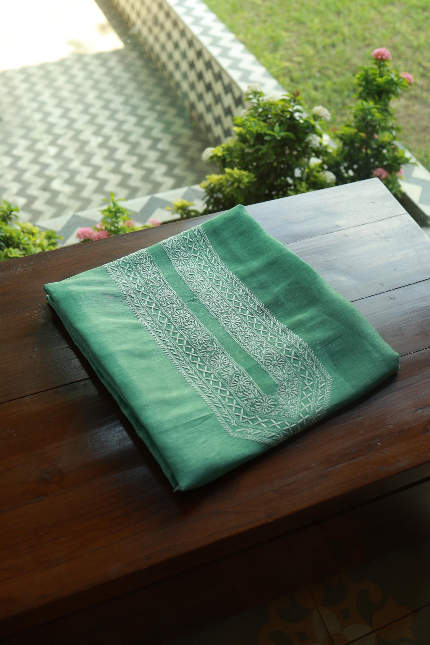 Sea Green Linen Chikankari Unstitched Men's Kurtas Fabric