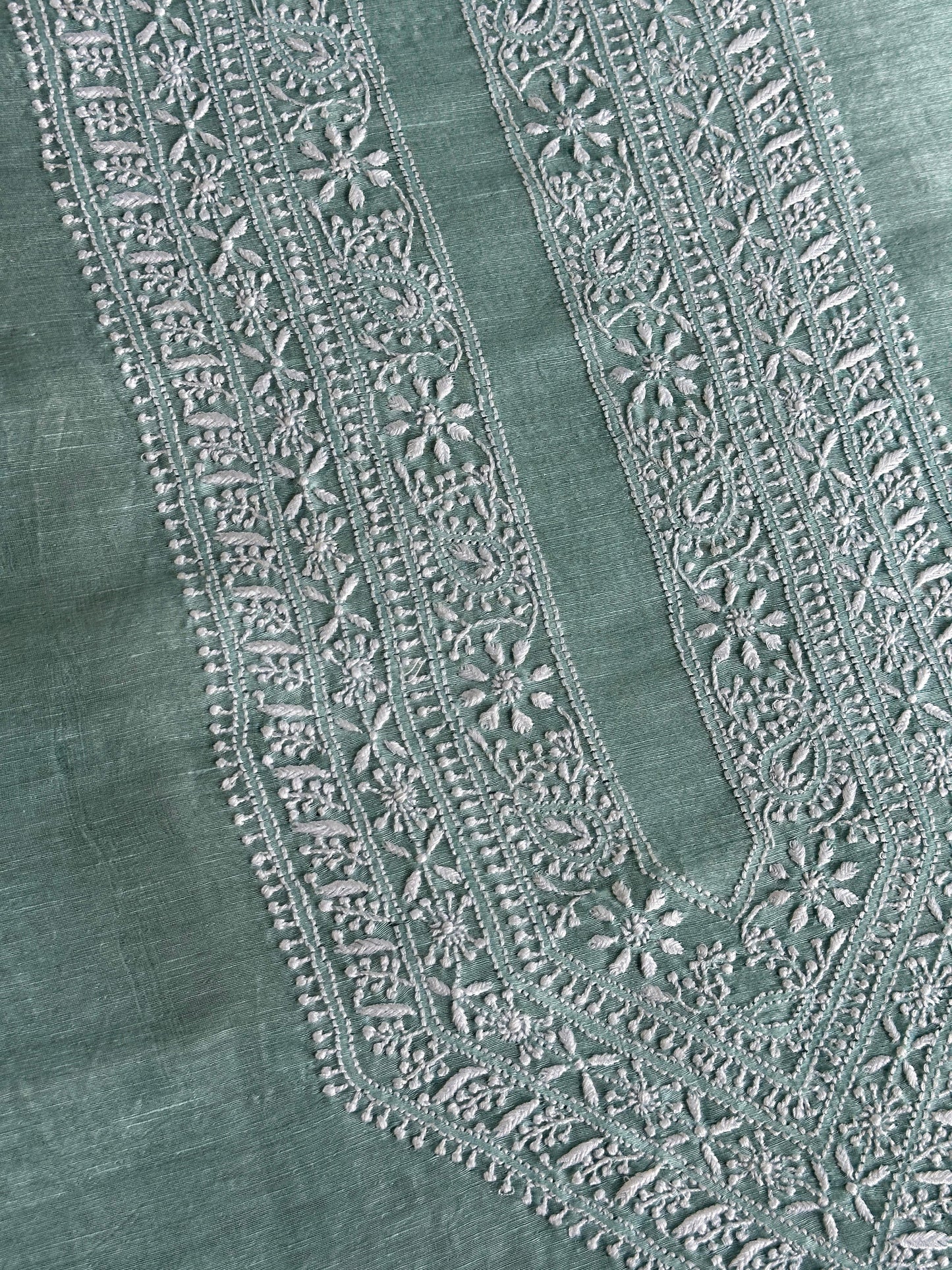Sea Green Linen Chikankari Unstitched Men's Kurtas Fabric