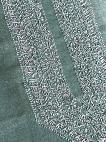 Sea Green Linen Chikankari Unstitched Men's Kurtas Fabric