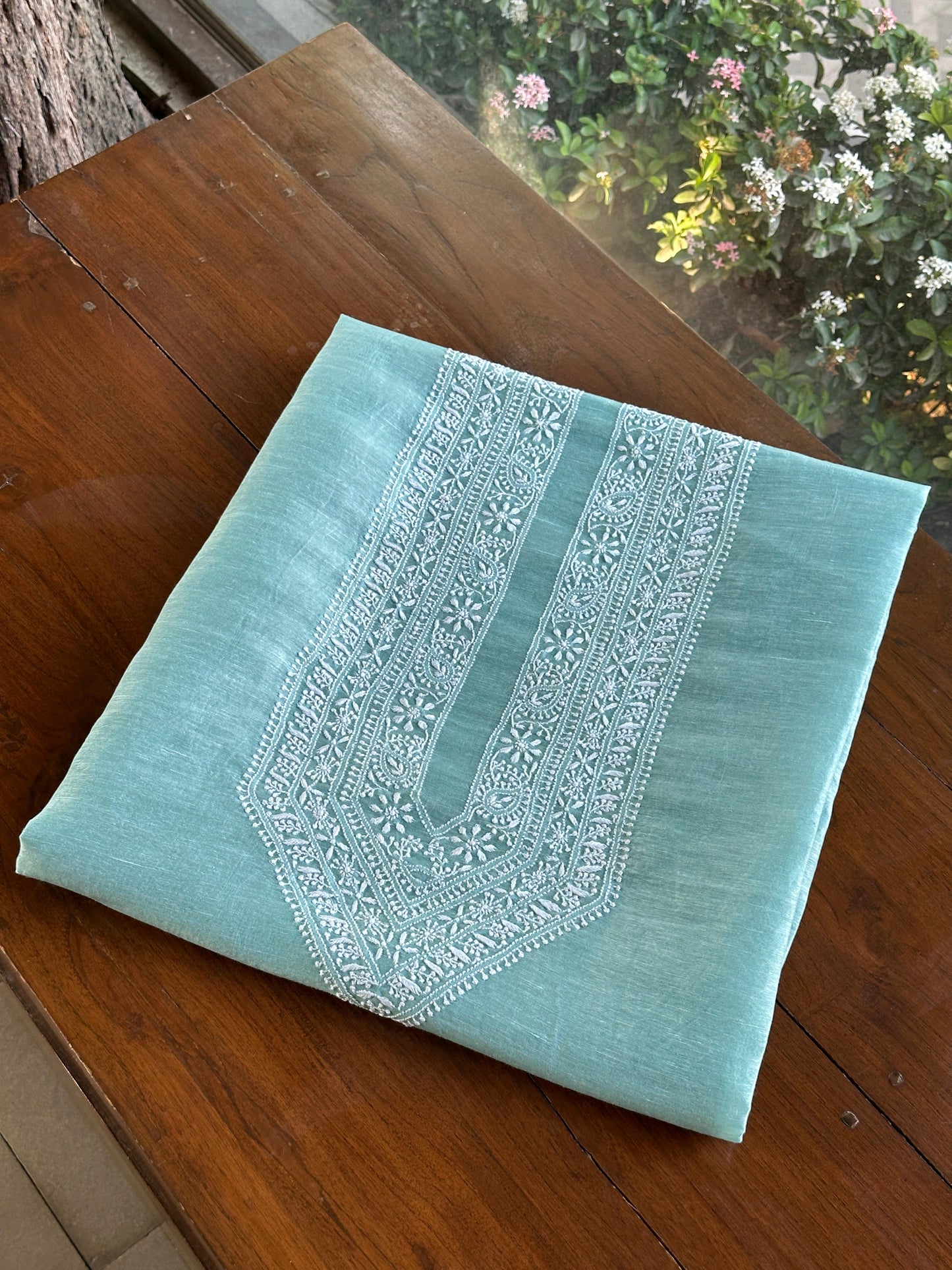 Sea Green Linen Chikankari Unstitched Men's Kurtas Fabric