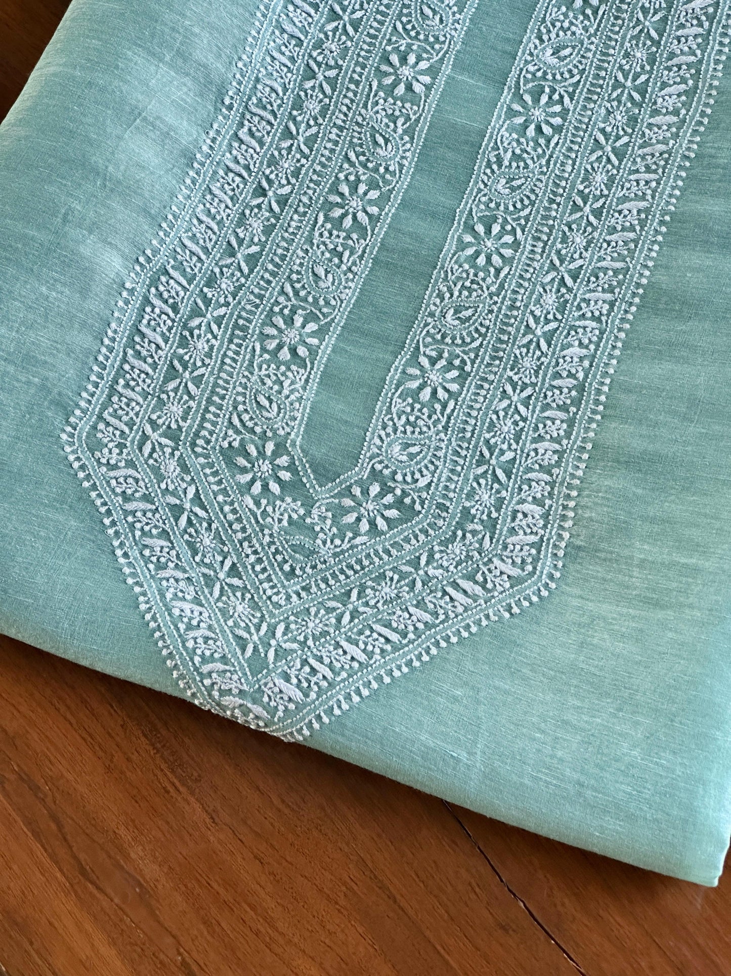 Sea Green Linen Chikankari Unstitched Men's Kurtas Fabric