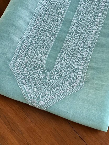 Sea Green Linen Chikankari Unstitched Men's Kurtas Fabric