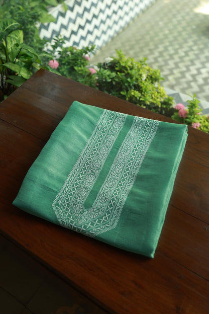 Sea Green Linen Chikankari Unstitched Men's Kurtas Fabric