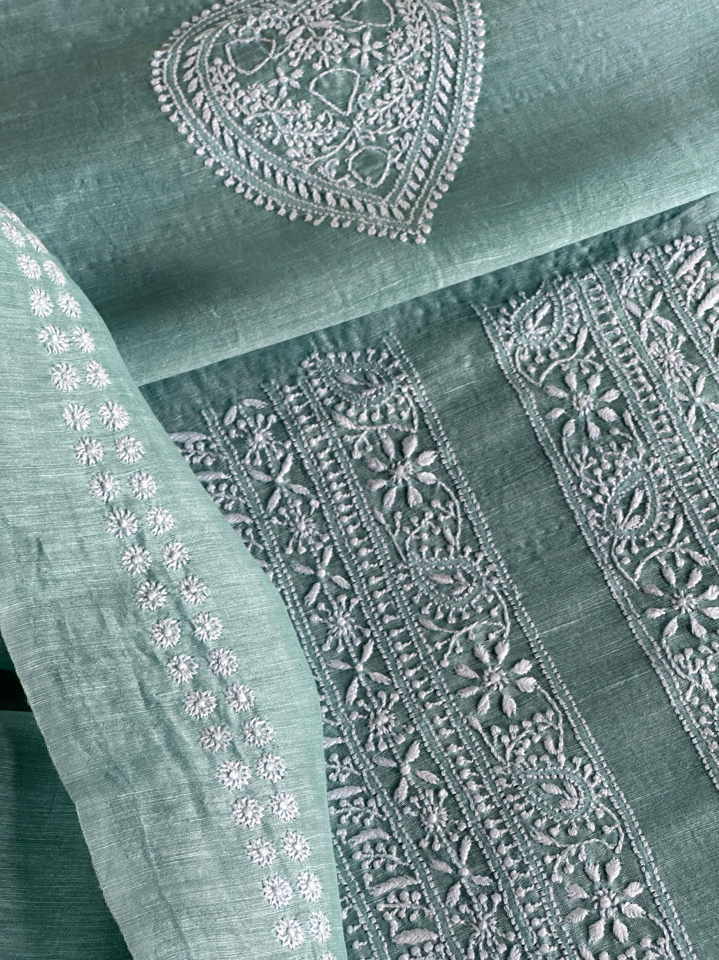 Sea Green Linen Chikankari Unstitched Men's Kurtas Fabric