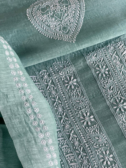 Sea Green Linen Chikankari Unstitched Men's Kurtas Fabric