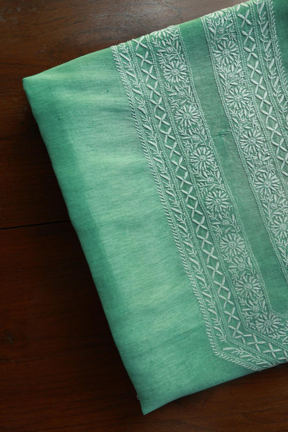 Sea Green Linen Chikankari Unstitched Men's Kurtas Fabric