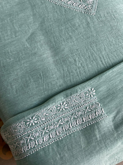 Sea Green Linen Chikankari Unstitched Men's Kurtas Fabric