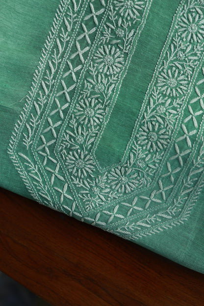 Sea Green Linen Chikankari Unstitched Men's Kurtas Fabric