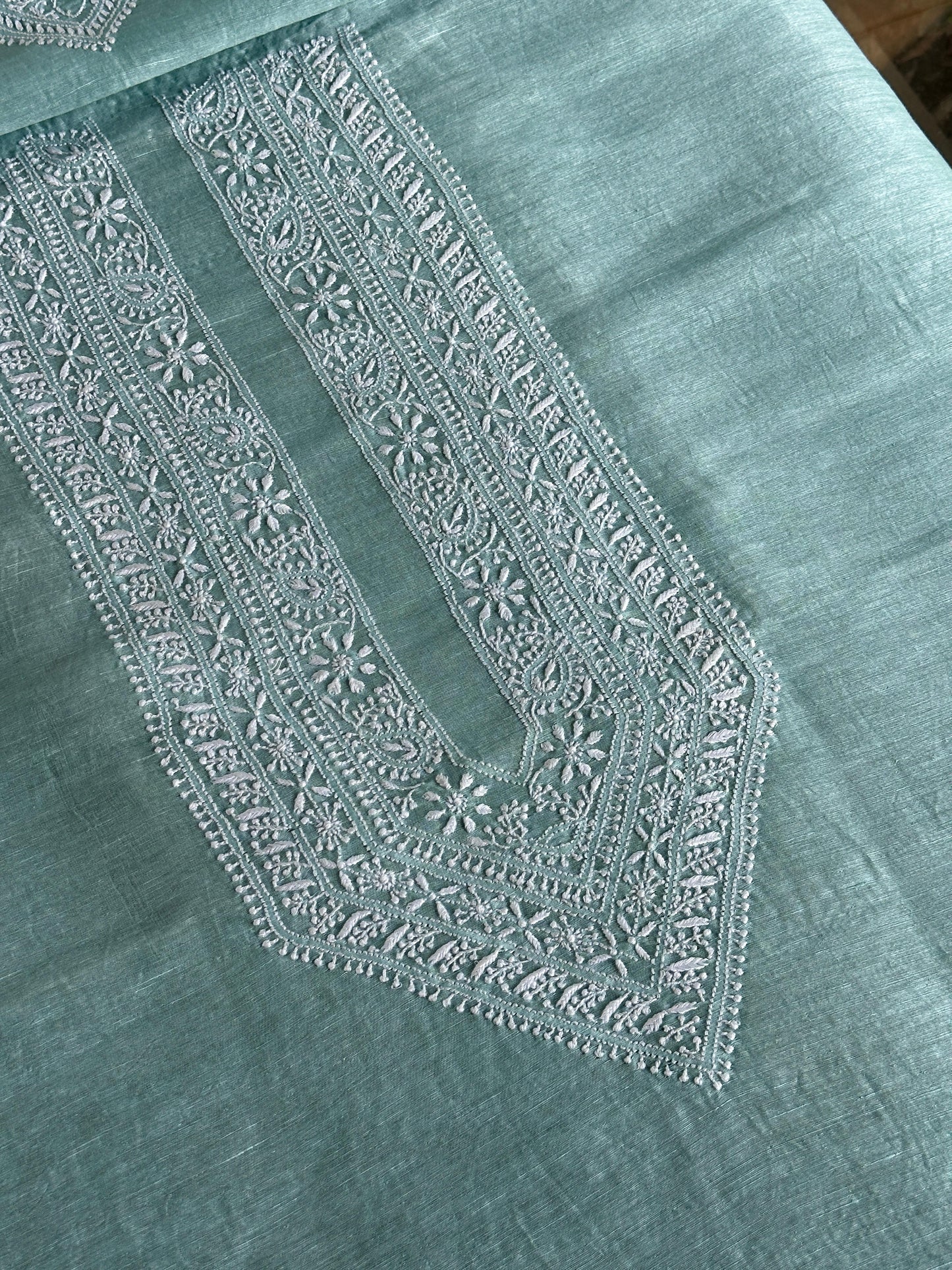 Sea Green Linen Chikankari Unstitched Men's Kurtas Fabric