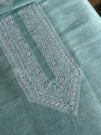 Sea Green Linen Chikankari Unstitched Men's Kurtas Fabric