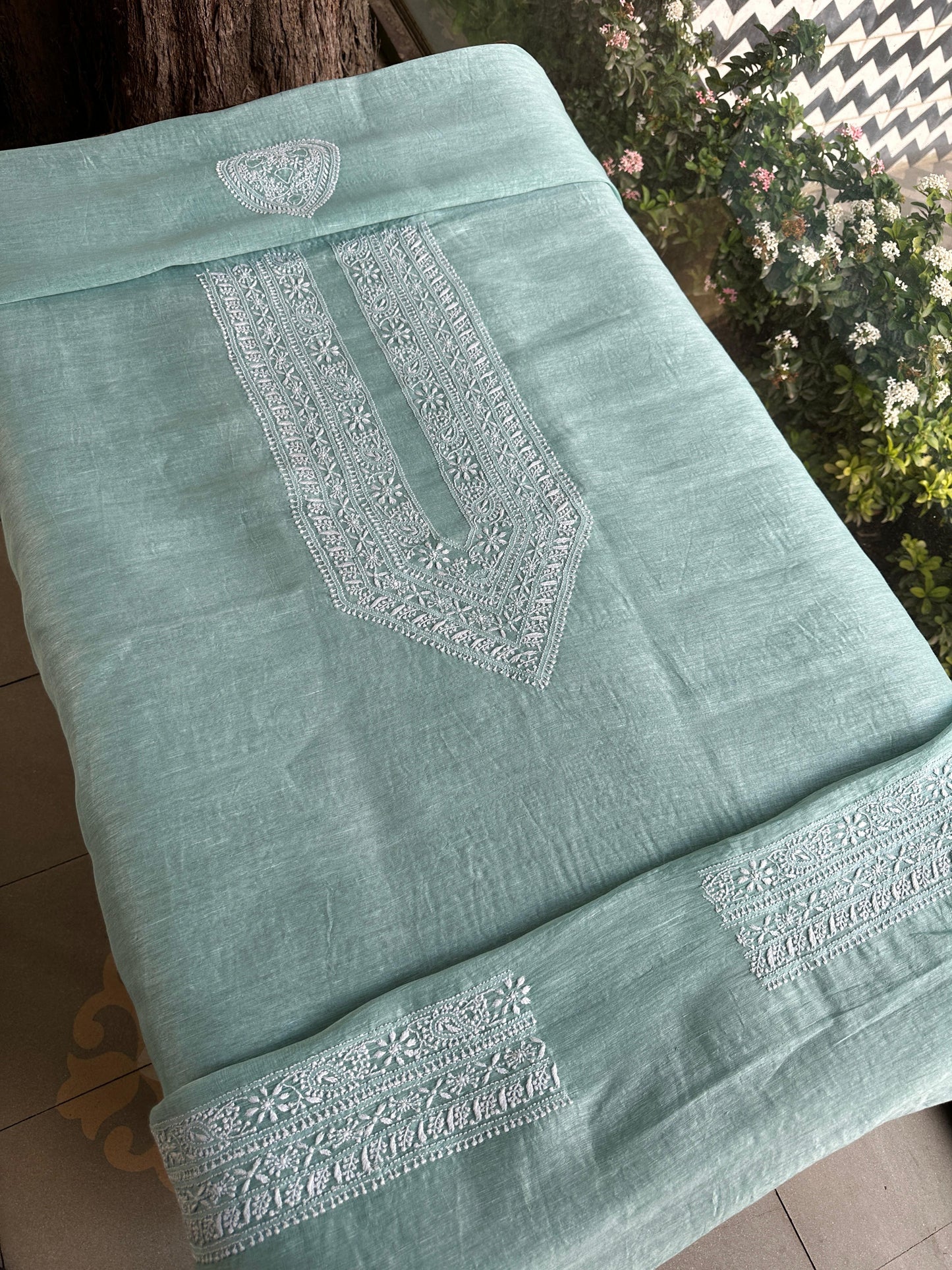 Sea Green Linen Chikankari Unstitched Men's Kurtas Fabric