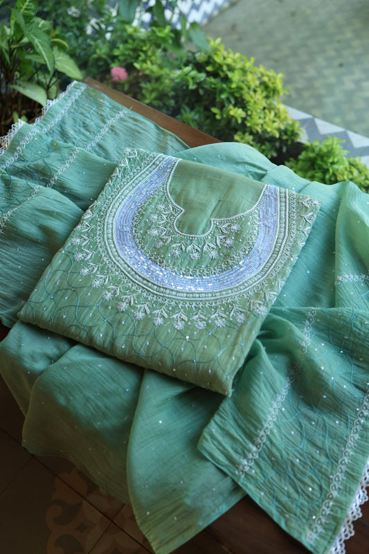 Sea Green Mal Chanderi Silk Chikankari With Sequins Unstitched Kurta Dupatta Set